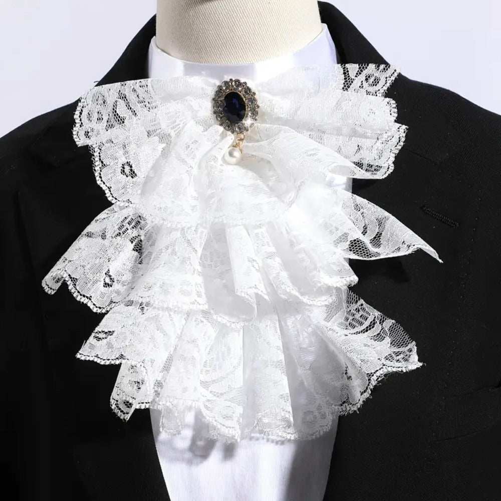 Victorian Jabot Lace Neckwear - Unisex Historical Ruffled Collar with Gemstone Detail