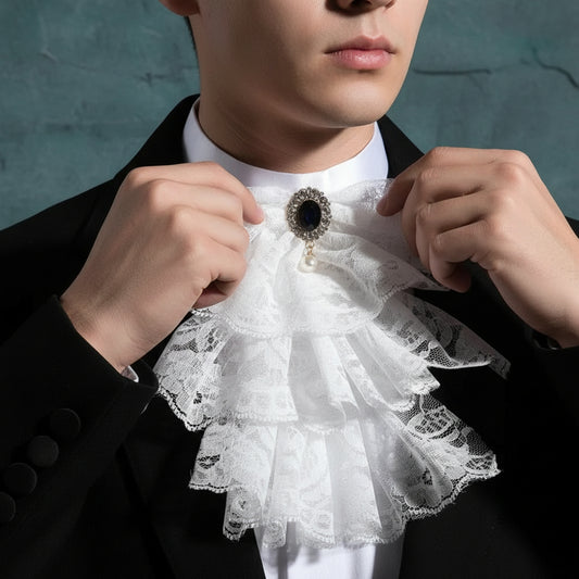 Victorian Ruffled Lace Jabot Collar with Brooch Detail