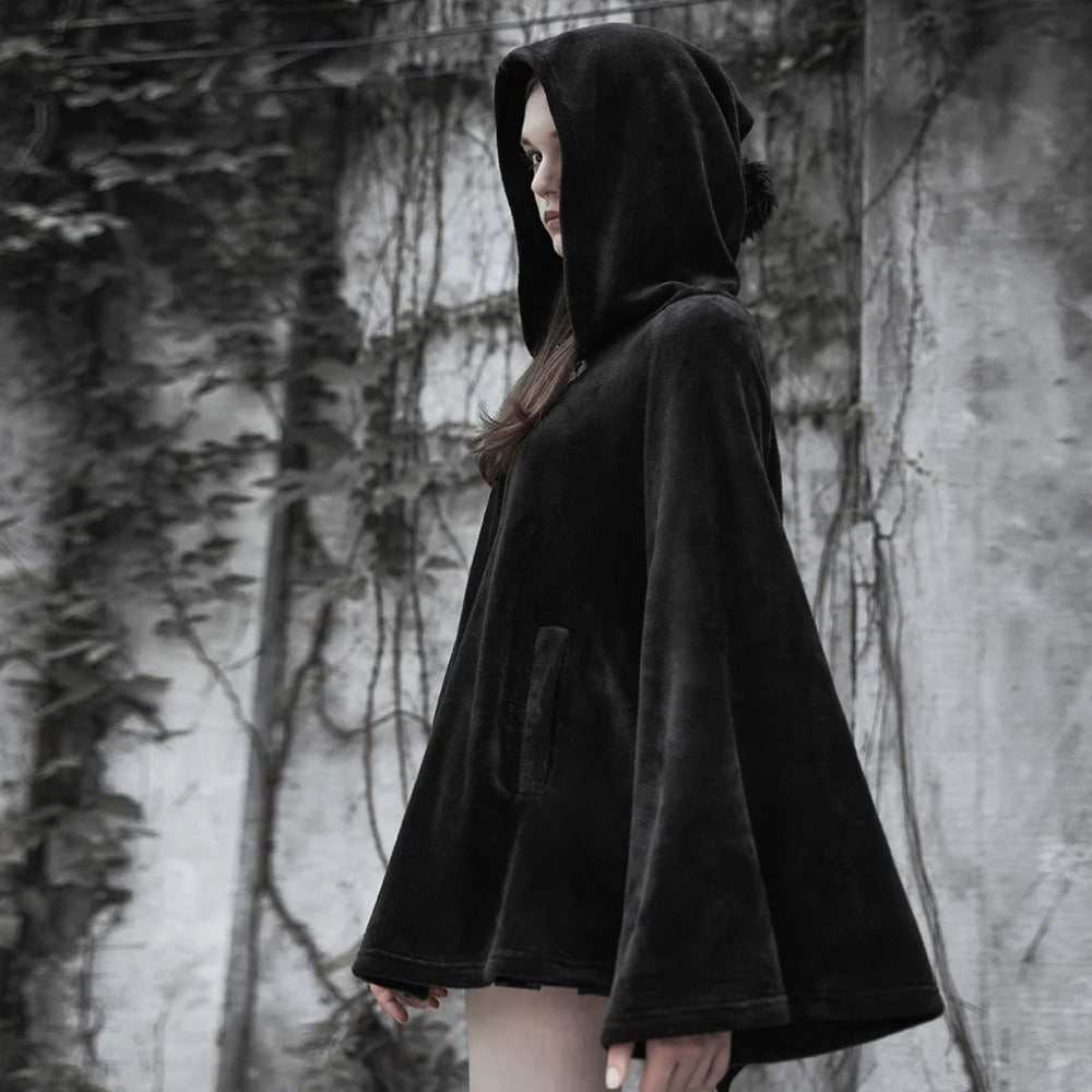 Women's Renaissance Gothic Black Velvet Short Embroidered Crescent Moon Hooded Cloak