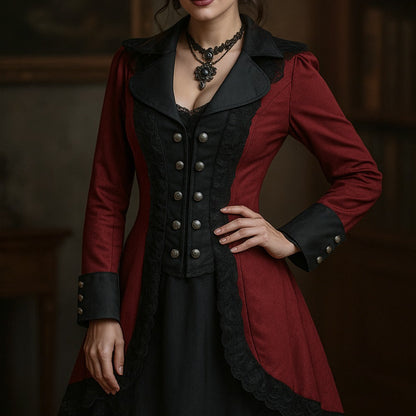 Women's Gothic Victorian Steampunk Embroidered Long Tailcoat Jacket with Lace Trim
