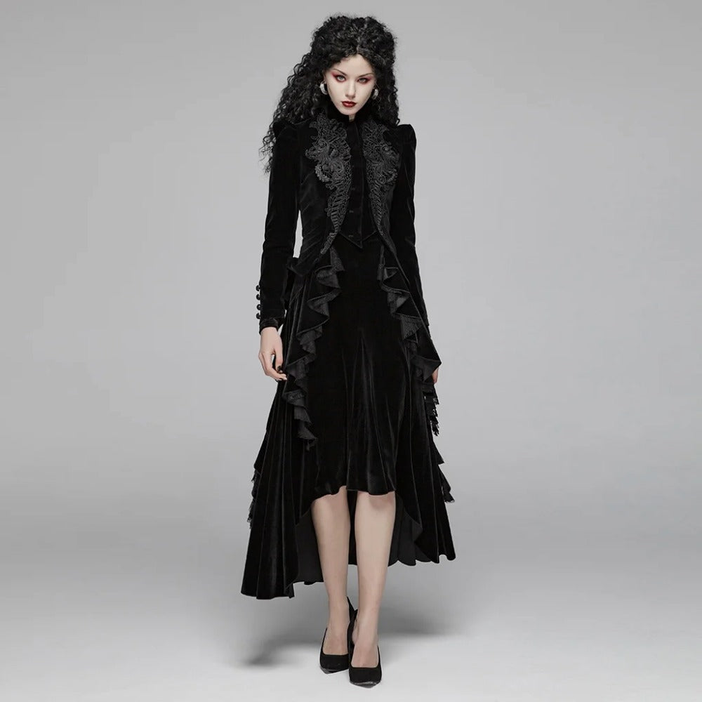 Women's Gothic Black Velvet Embroidered Victorian Short Jacket with Lace & Puffed Shoulders