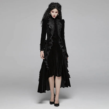 Women's Gothic Black Velvet Embroidered Victorian Short Jacket with Lace & Puffed Shoulders
