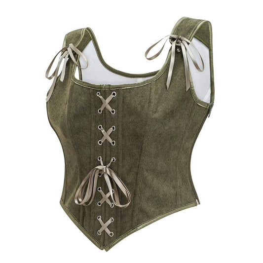 Vintage Renaissance Cottagecore Lace-Up Overbust Corset Top with Satin Ribbon