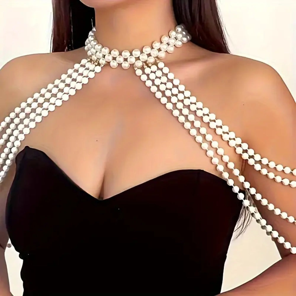 Women's Luxury Vintage Multi-Layered Draped Pearl Shoulder Necklace Choker