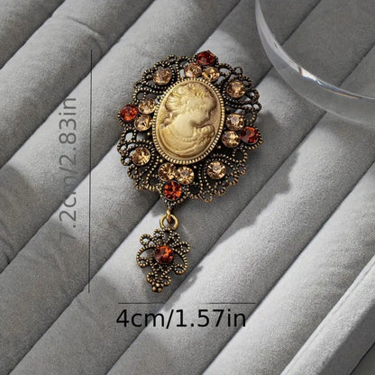 Women's Jeweled Antique Cameo Brooch with Ornate Frame & Vintage Portrait