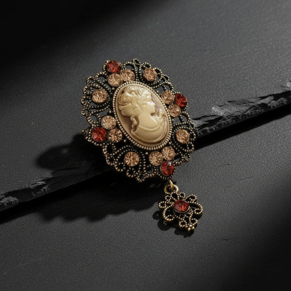 Women's Jeweled Antique Cameo Brooch with Ornate Frame & Vintage Portrait