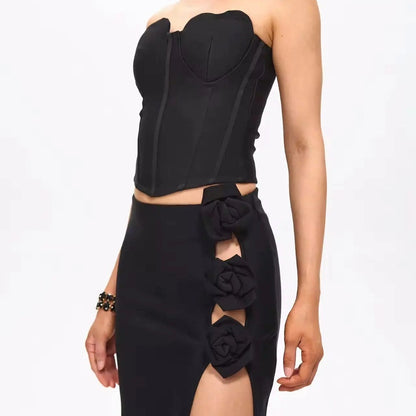 Women's Black High Slit Maxi Evening Skirt with Rose Embellishments