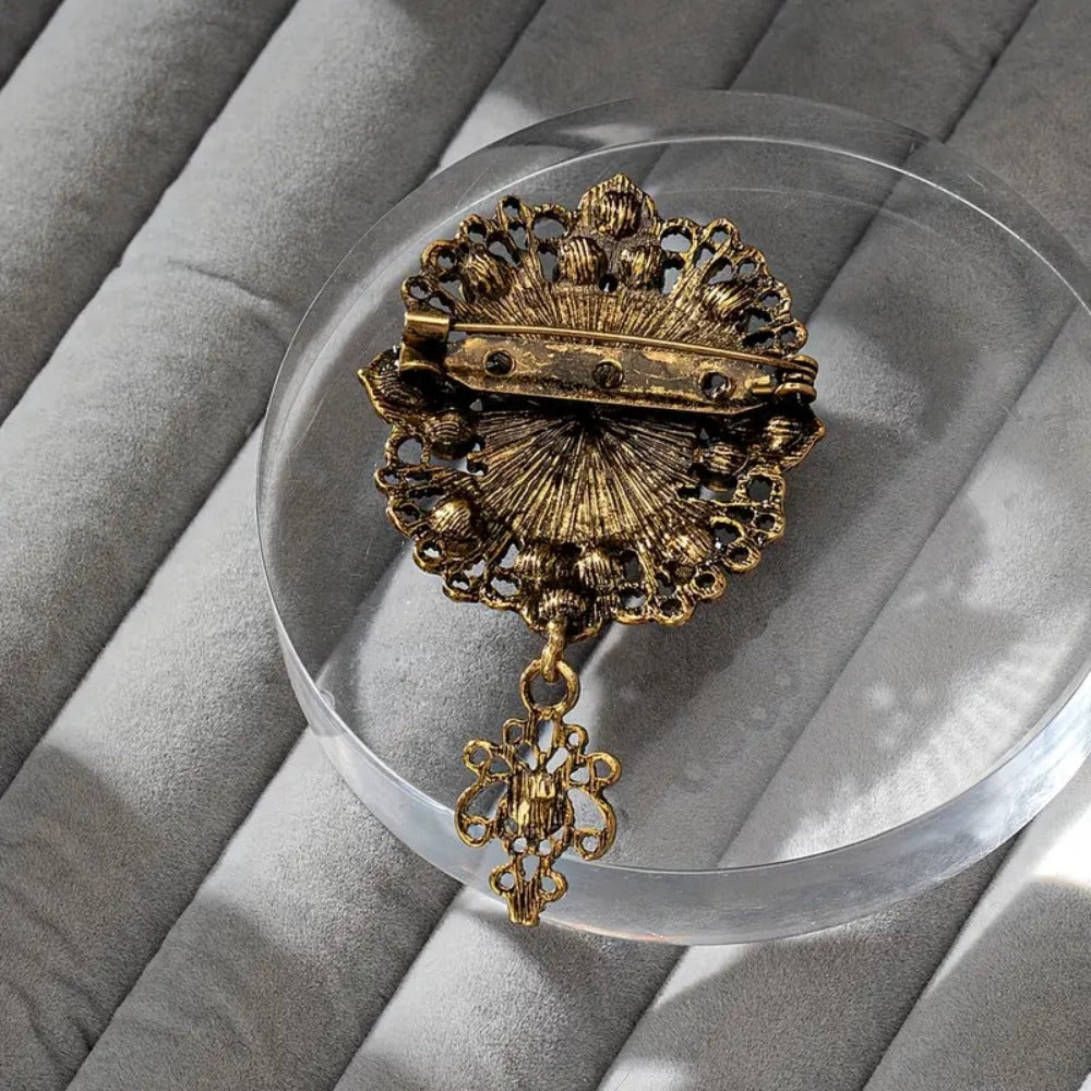 Women's Jeweled Antique Cameo Brooch with Ornate Frame & Vintage Portrait