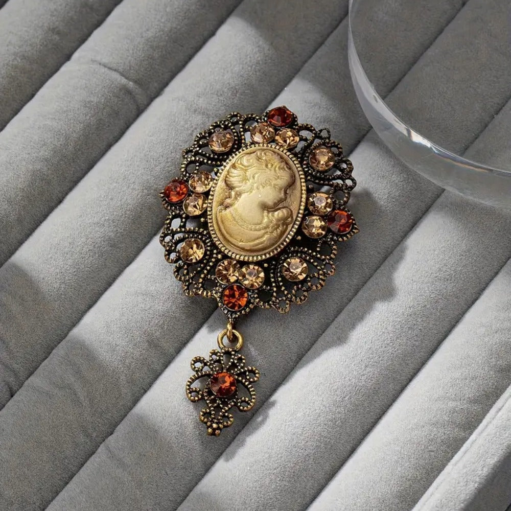 Women's Jeweled Antique Cameo Brooch with Ornate Frame & Vintage Portrait