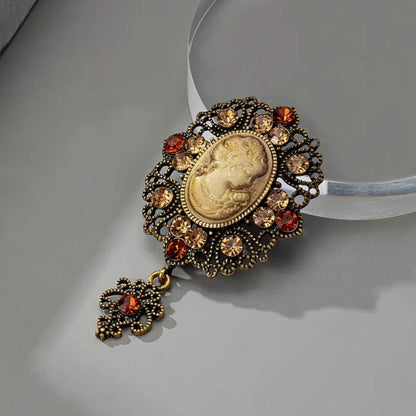 Women's Jeweled Antique Cameo Brooch with Ornate Frame & Vintage Portrait