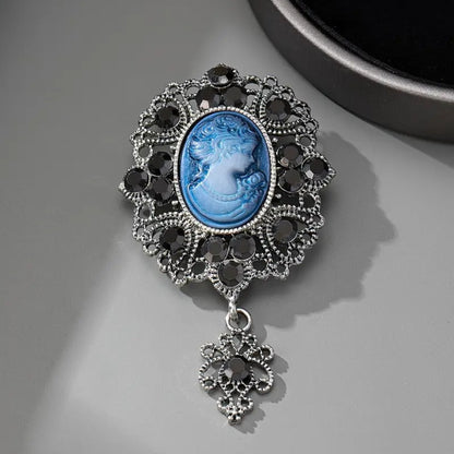 Women's Jeweled Antique Cameo Brooch with Ornate Frame & Vintage Portrait