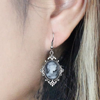 Women's Victorian Cameo Antique Portrait Edwardian Silver Filigree Drop Earrings