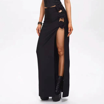 Women's Black High Slit Maxi Evening Skirt with Rose Embellishments