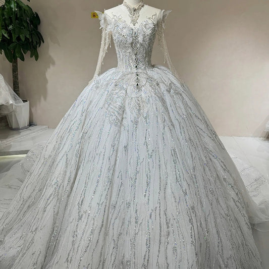Luxury Ivory Long Sleeve Wedding Gown with High Neck, Butterfly & Crystal Embroidery