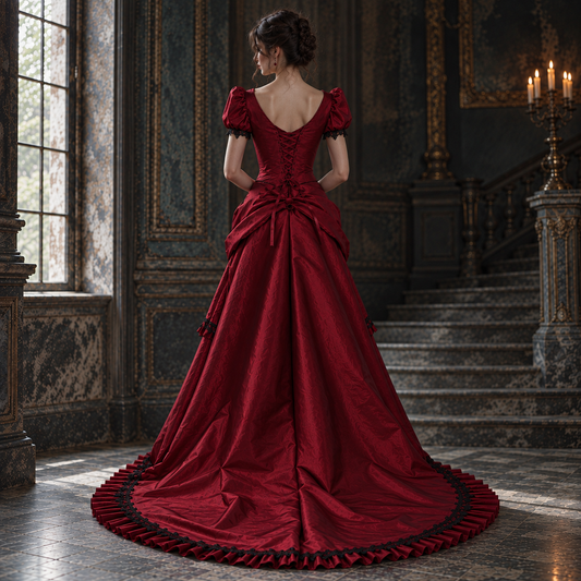 Gothic Victorian Dark Red & Black Evening Gown with Lace Appliqué & Cap Sleeves