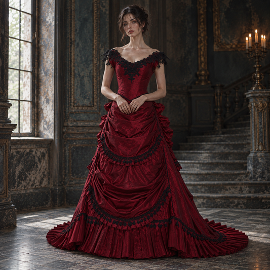 Gothic Victorian Dark Red & Black Evening Gown with Lace Appliqué & Cap Sleeves