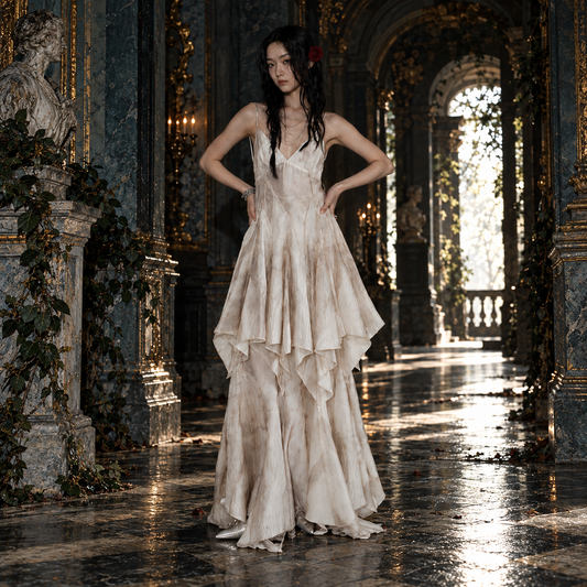 Women’s Cream Asymmetrical Layered Maxi Dress | Handkerchief Hem