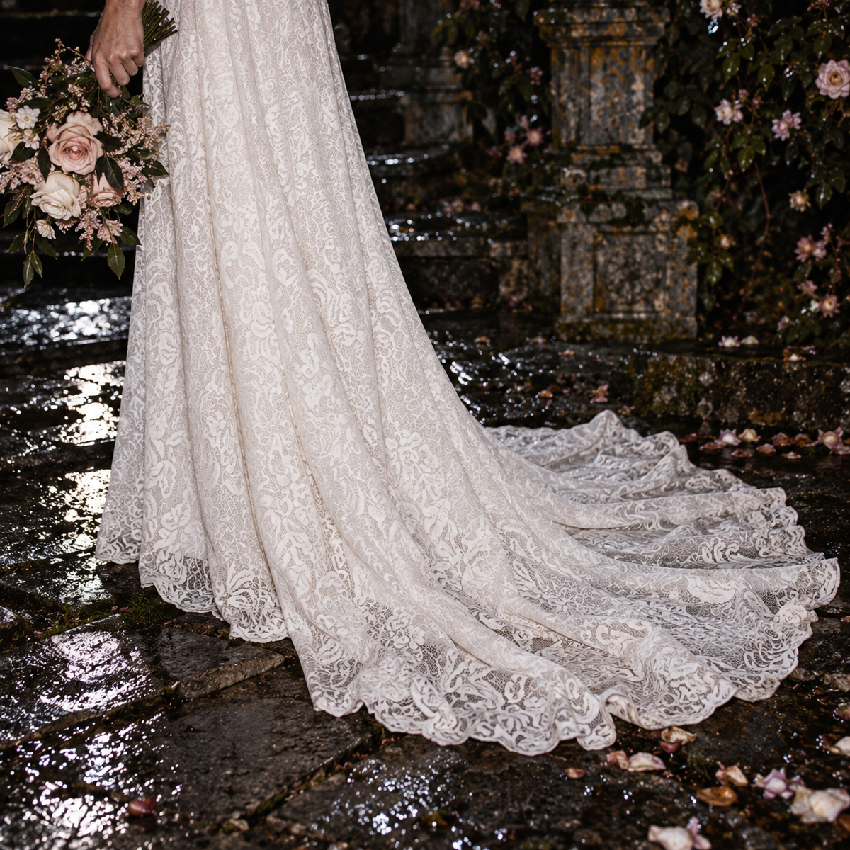 Women’s Ivory One-Shoulder Lace Wedding Dress | Long Sleeve & Train