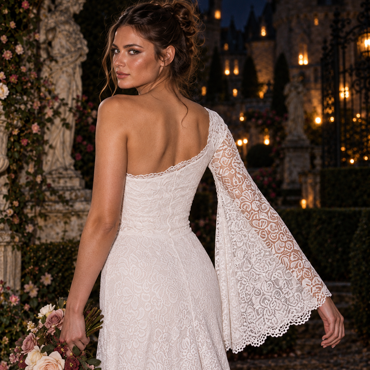 Women’s Ivory One-Shoulder Lace Wedding Dress | Long Sleeve & Train