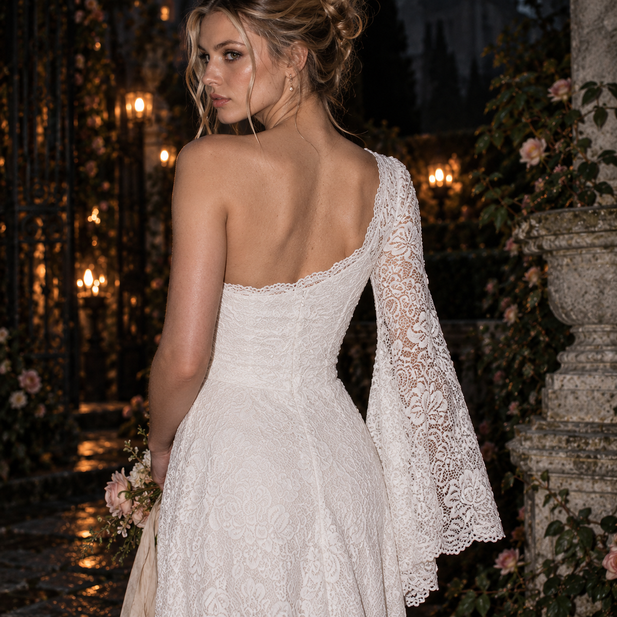 Women’s Ivory One-Shoulder Lace Wedding Dress | Long Sleeve & Train
