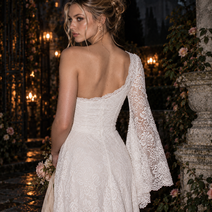 Women’s Ivory One-Shoulder Lace Wedding Dress | Long Sleeve & Train