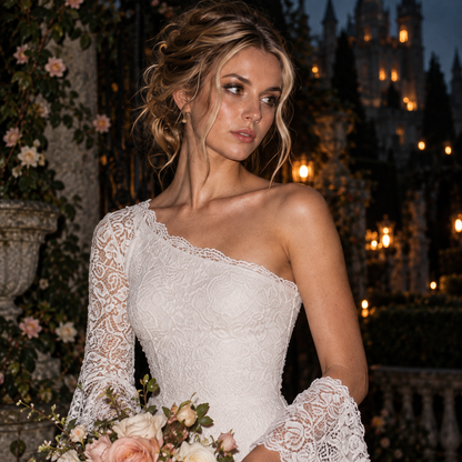 Women’s Ivory One-Shoulder Lace Wedding Dress | Long Sleeve & Train