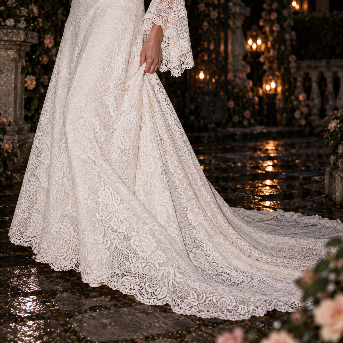 Women’s Ivory One-Shoulder Lace Wedding Dress | Long Sleeve & Train