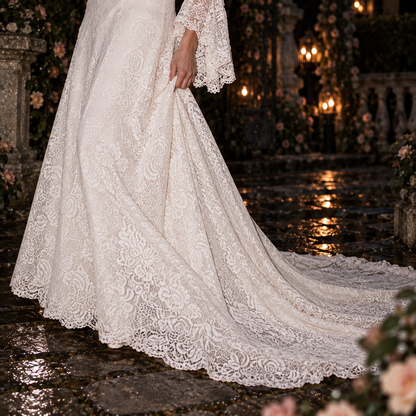 Women’s Ivory One-Shoulder Lace Wedding Dress | Long Sleeve & Train