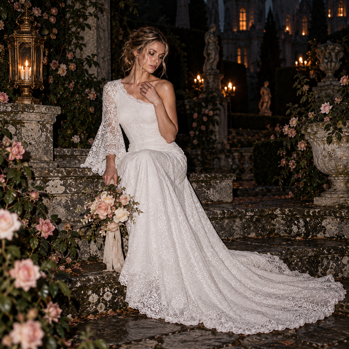 Women’s Ivory One-Shoulder Lace Wedding Dress | Long Sleeve & Train