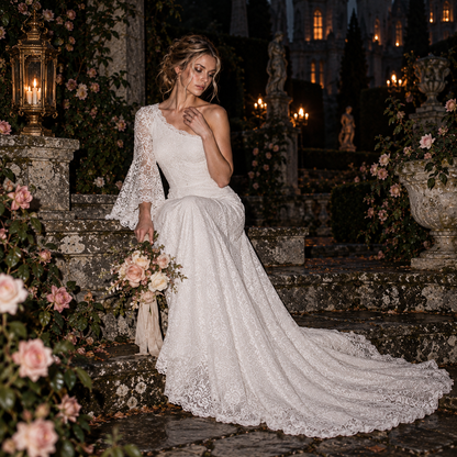 Women’s Ivory One-Shoulder Lace Wedding Dress | Long Sleeve & Train