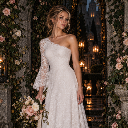 Women’s Ivory One-Shoulder Lace Wedding Dress | Long Sleeve & Train
