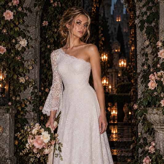 Women’s Ivory One-Shoulder Lace Wedding Dress | Long Sleeve & Train