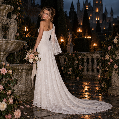 Women’s Ivory One-Shoulder Lace Wedding Dress | Long Sleeve & Train