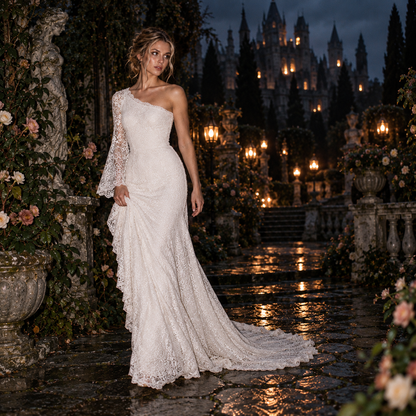 Women’s Ivory One-Shoulder Lace Wedding Dress | Long Sleeve & Train