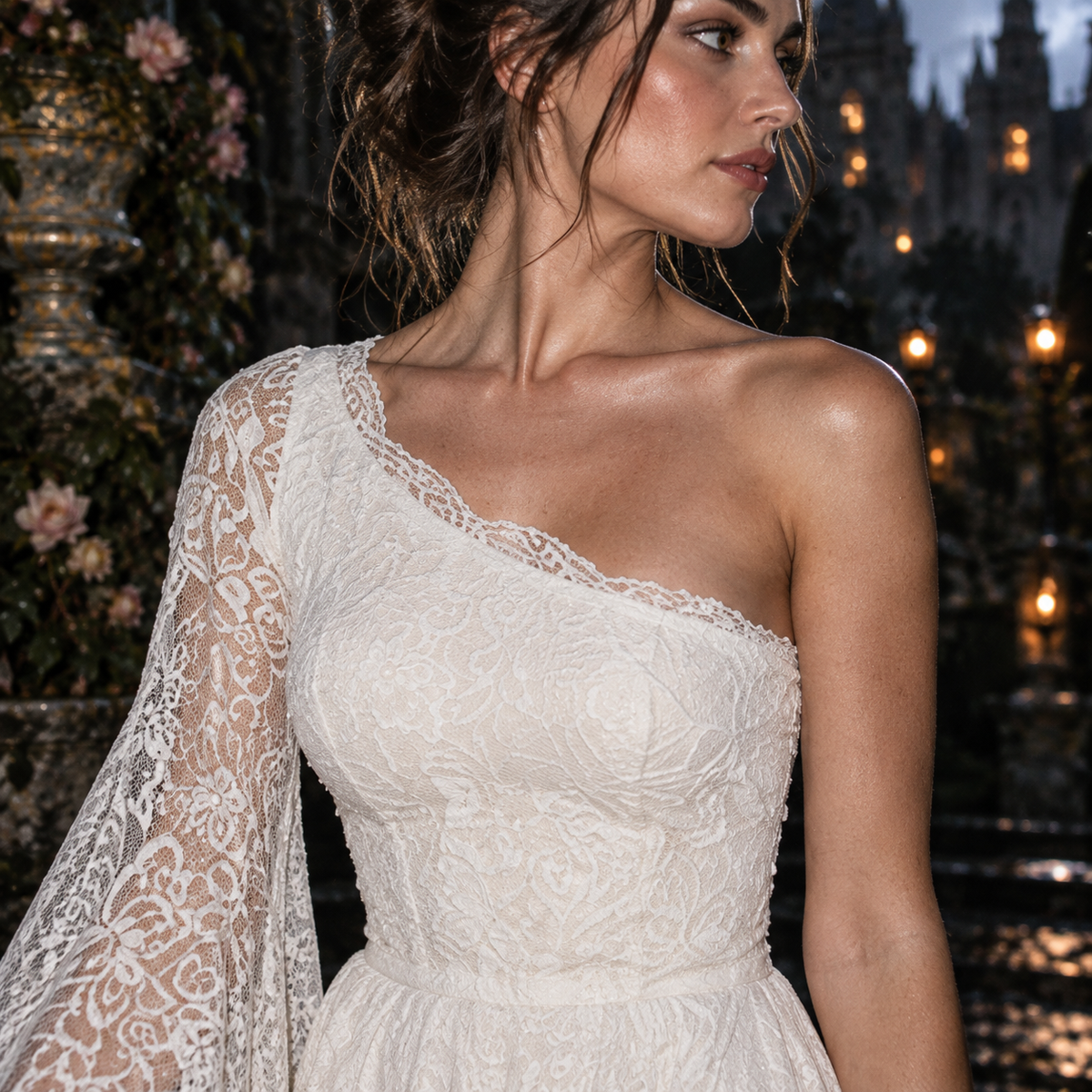 Women’s Ivory One-Shoulder Lace Wedding Dress | Long Sleeve & Train
