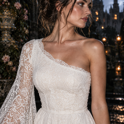Women’s Ivory One-Shoulder Lace Wedding Dress | Long Sleeve & Train