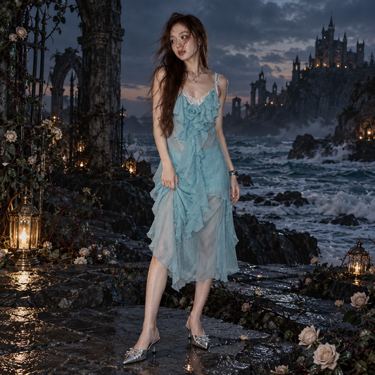 Women’s Pastel Blue Cascading Ruffle Chiffon Camisole | Floral Rosette