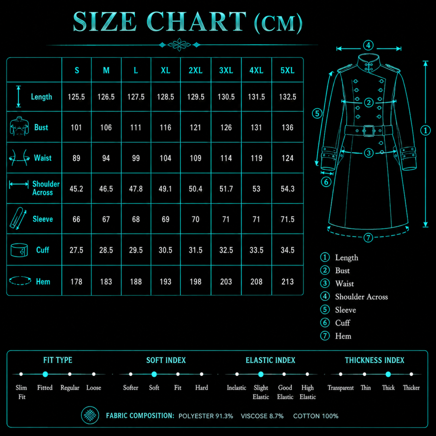 Man wearing black gothic military long coat with double breasted metal buttons and structured high collar