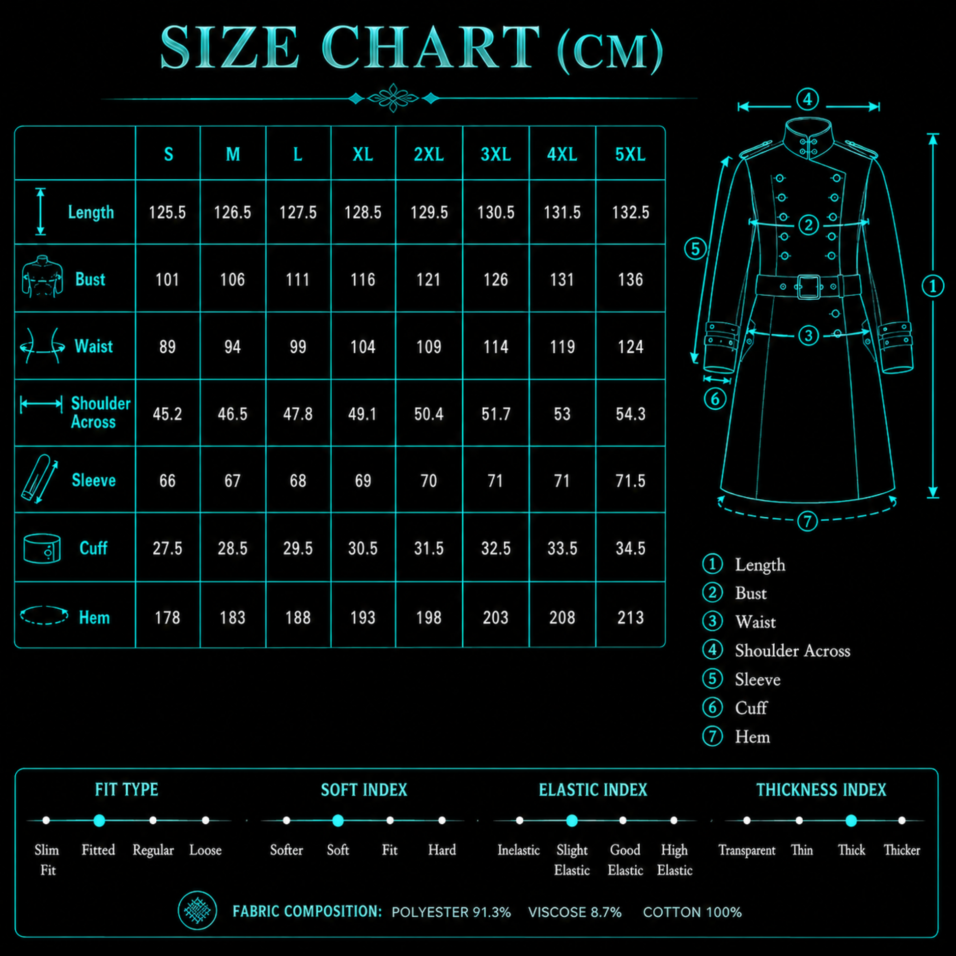 Man wearing black gothic military long coat with double breasted metal buttons and structured high collar