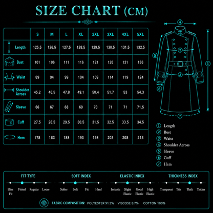 Man wearing black gothic military long coat with double breasted metal buttons and structured high collar