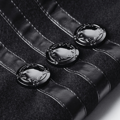 Man wearing black gothic military long coat with double breasted metal buttons and structured high collar