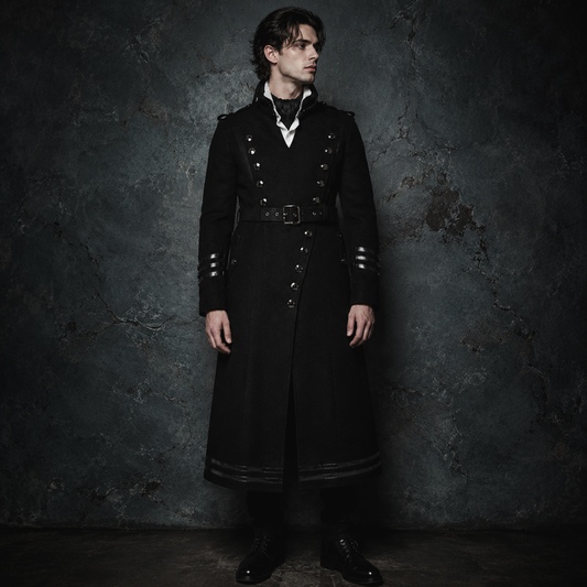 Man wearing black gothic military long coat with double breasted metal buttons and structured high collar