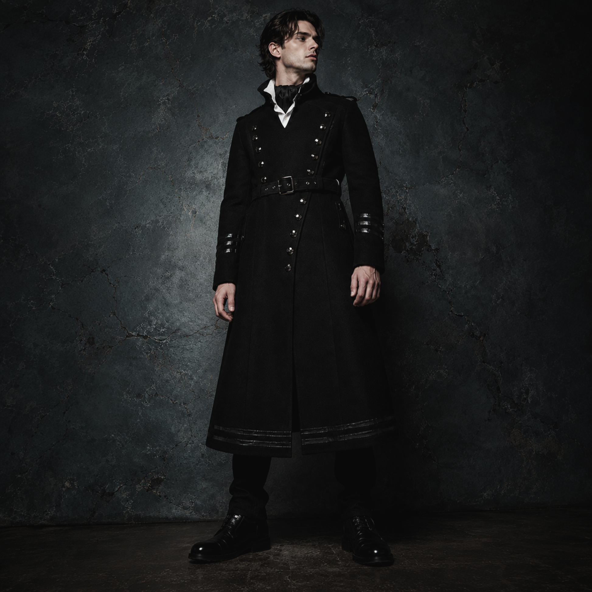 Man wearing black gothic military long coat with double breasted metal buttons and structured high collar