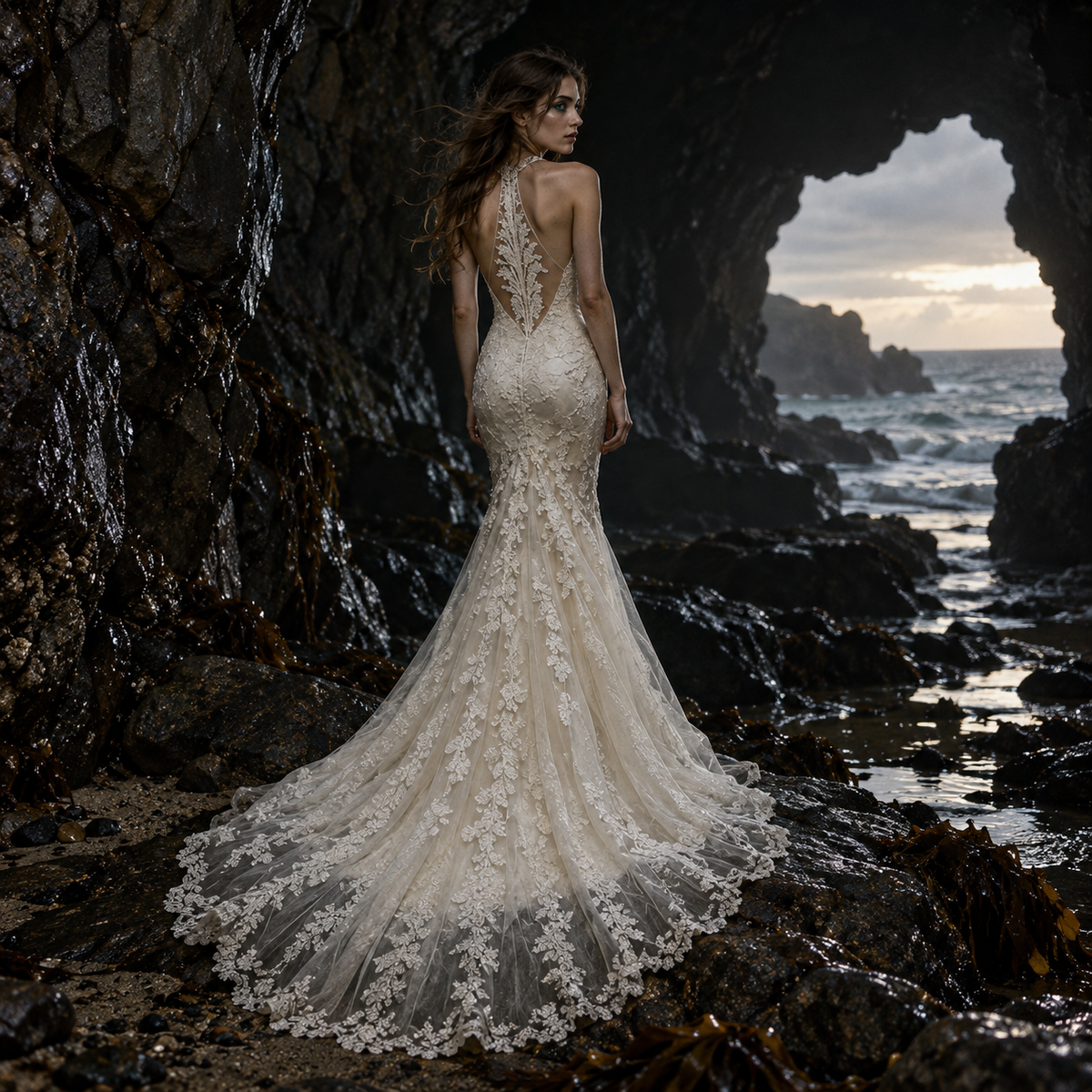 ivory lace mermaid wedding dress, lace applique mermaid bridal gown, illusion halter wedding dress, open back lace wedding dress, mermaid wedding dress with train, ivory bridal gown with lace train, floral lace mermaid wedding dress, illusion neckline bridal gown, fitted lace wedding dress, scalloped lace train wedding dress, halter neck bridal gown, romantic mermaid wedding dress, open illusion back wedding gown, lace fit and flare bridal gown