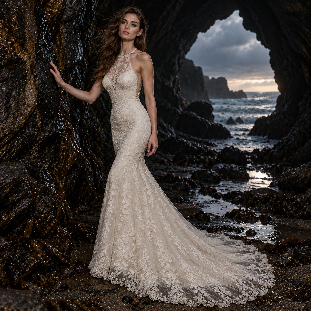 Women’s Ivory Lace Mermaid Wedding Dress | Illusion Halter & Train