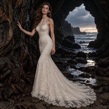 Women’s Ivory Lace Mermaid Wedding Dress | Illusion Halter & Train