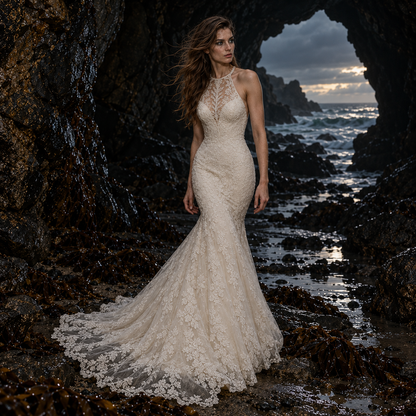 Women’s Ivory Lace Mermaid Wedding Dress | Illusion Halter & Train