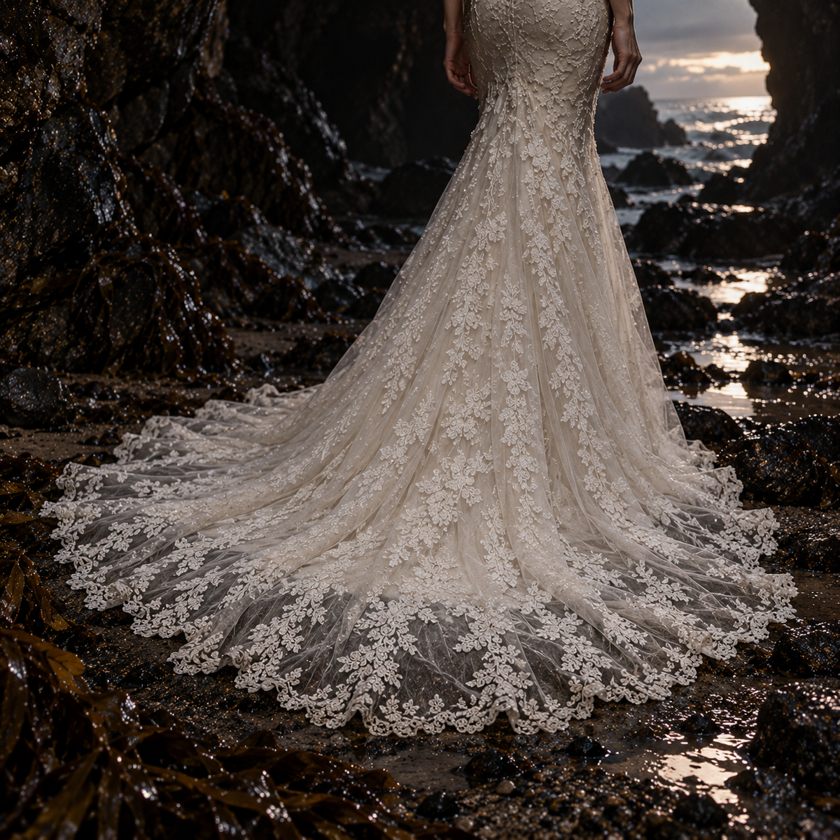 Women’s Ivory Lace Mermaid Wedding Dress | Illusion Halter & Train