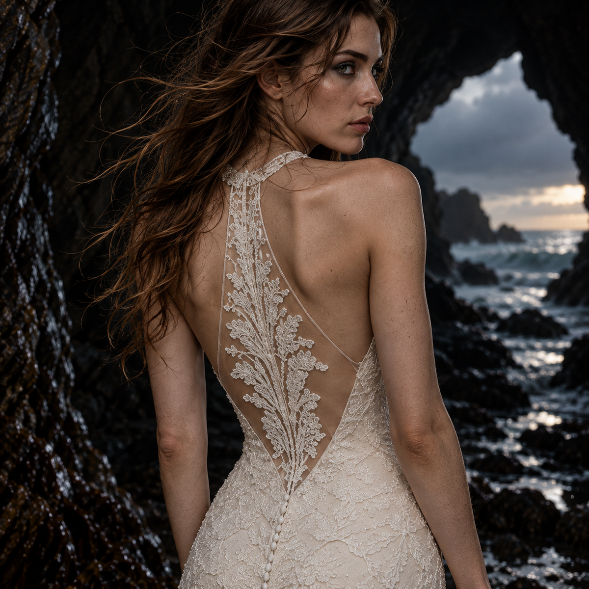 Women’s Ivory Lace Mermaid Wedding Dress | Illusion Halter & Train