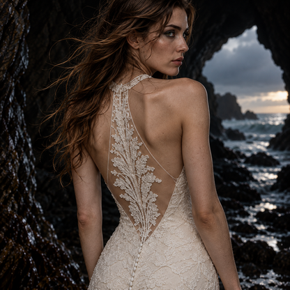 Women’s Ivory Lace Mermaid Wedding Dress | Illusion Halter & Train